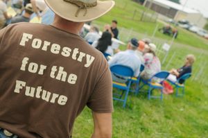 WVU Davis team member proudly wears "forestry for the future" shirt. 