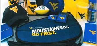 WVU brand products with flying WV and Mountaineers Go First Logos