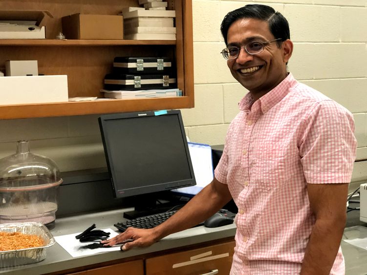 Kaushlendra Singh, associate professor of wood science and technology, stands in the "dirty lab" in the Division of Forestry and Natural Resources. On the counter is a container of biomass, with bio-chars beside it. 