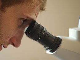 person looking into a microscope lens